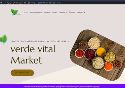Mockup del ecommerce Verde Vital Market desarrollado en WordPress y WooCommerce con diseño moderno y enfoque sustentable.